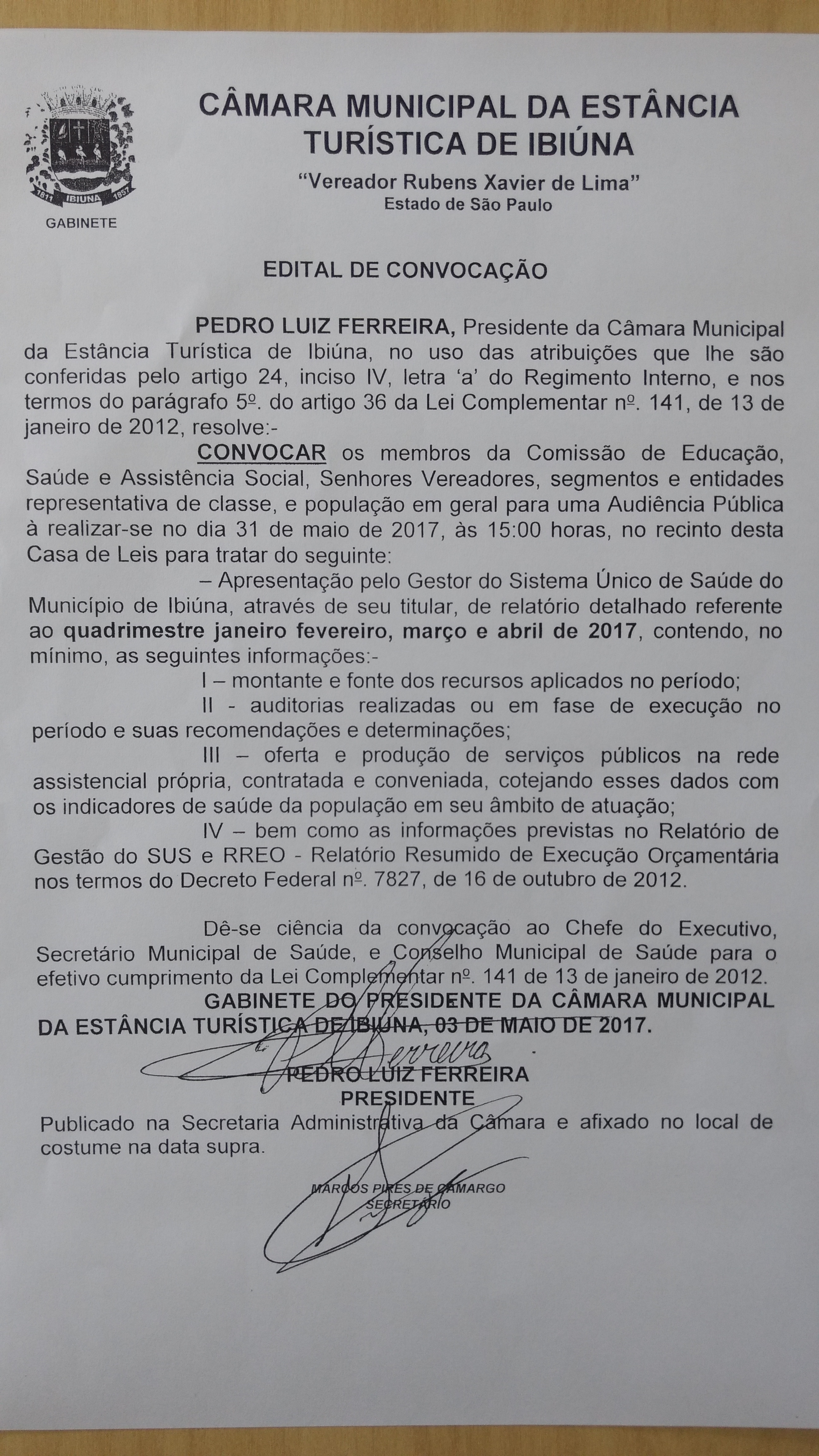 Câmara convoca duas audiências públicas para o dia 31 de maio