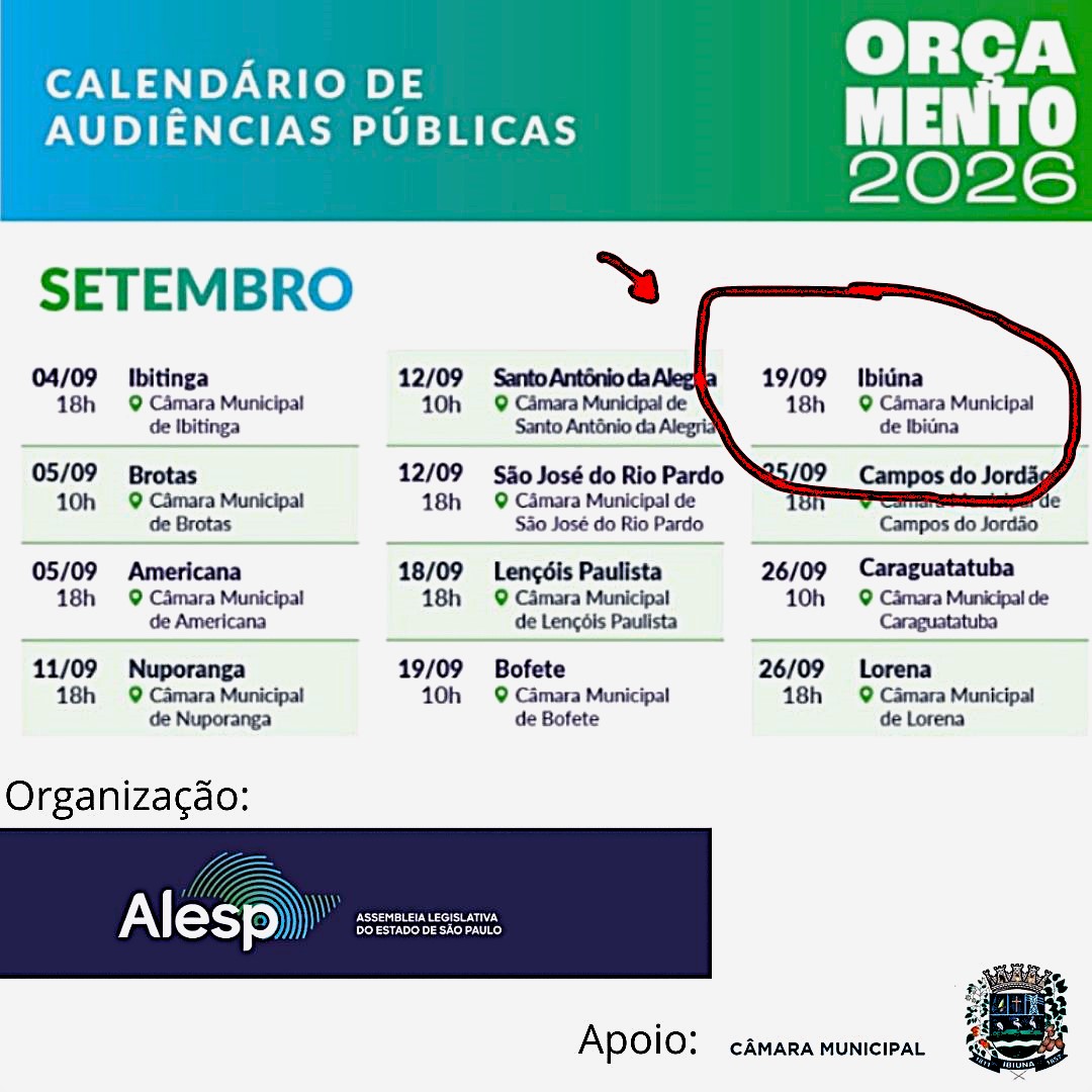 Câmara de Ibiúna vai receber Audiência Pública sobre orçamento estadual