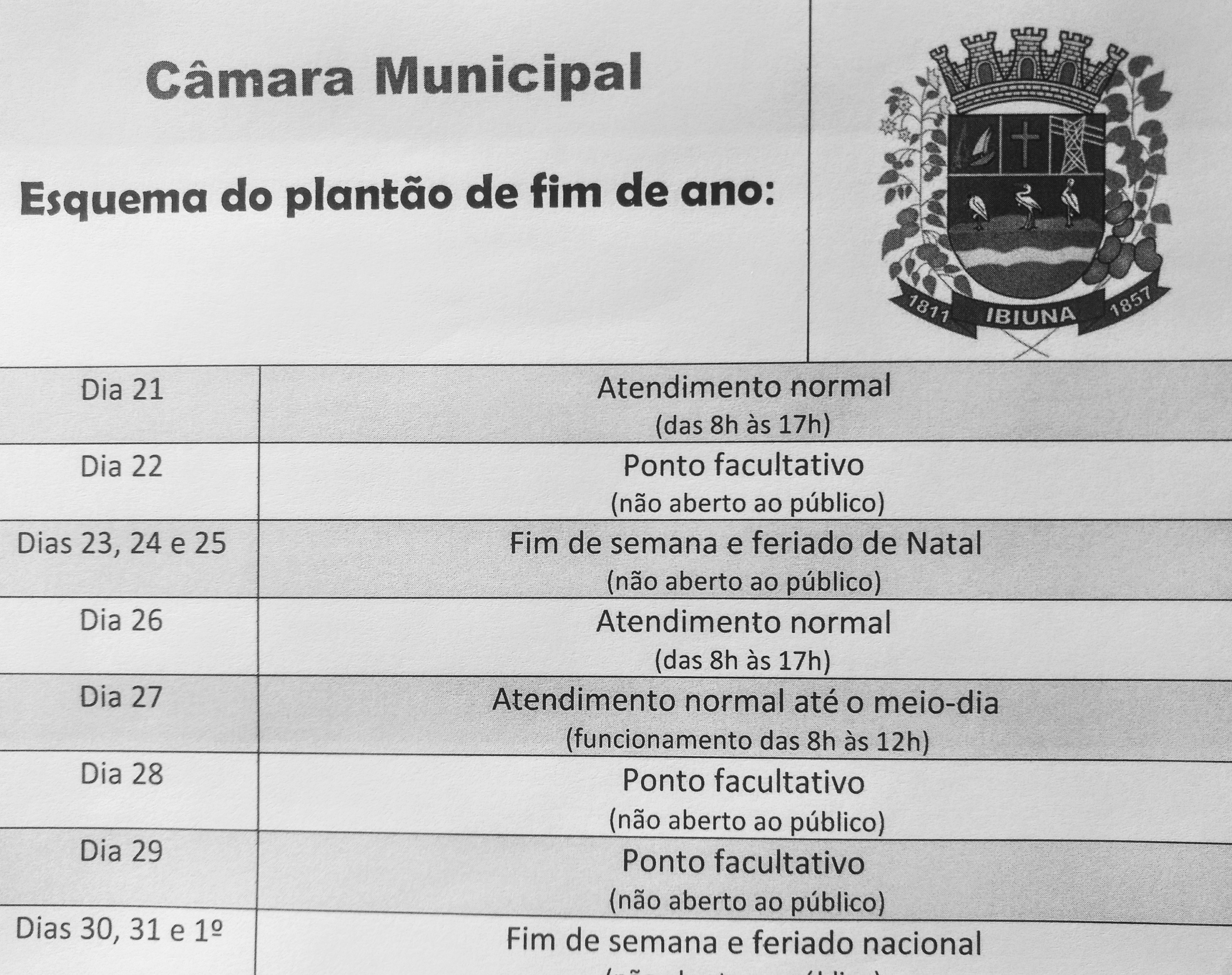 Confira como será o funcionamento na Câmara Municipal neste fim de ano