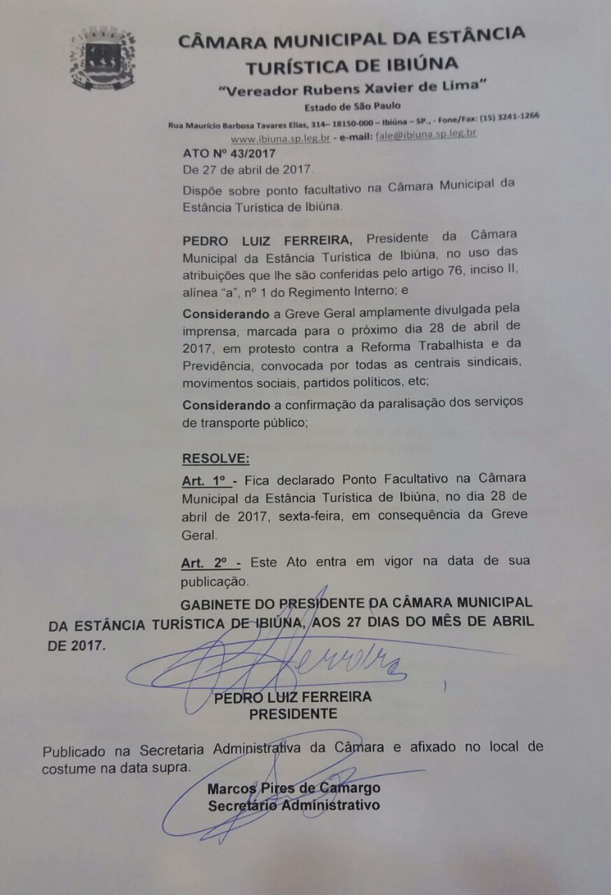 Estabelecido ponto facultativo na Câmara de Ibiúna