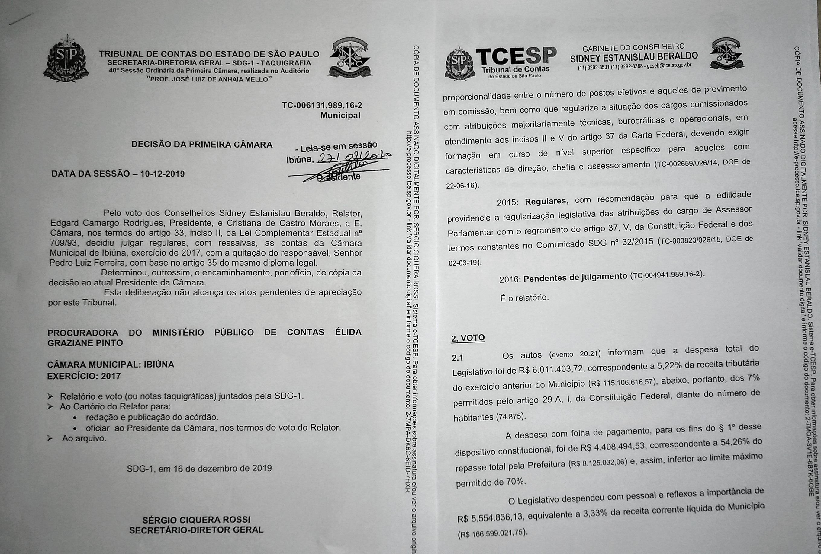 Tribunal de Contas aprova contas de 2017 da Câmara de Ibiúna 